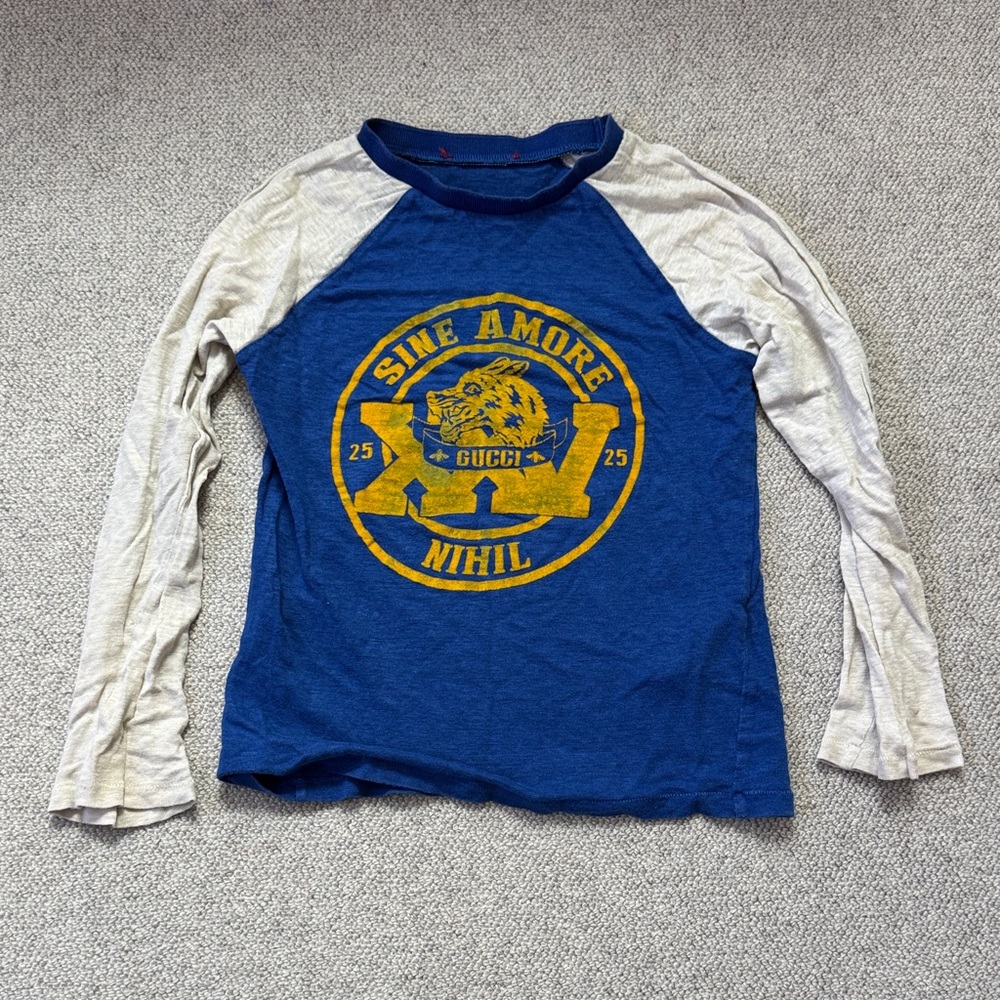 Gucci Blue & Cream Raglan Long-Sleeve Tee with Yellow Crest